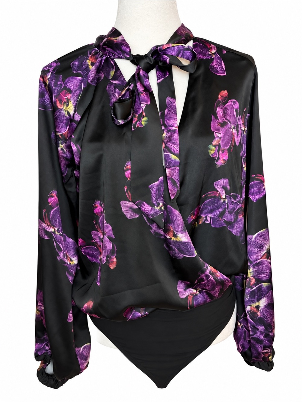 NWT Express Black Purple Floral Tie Neck Long Sleeve Bodysuit M
